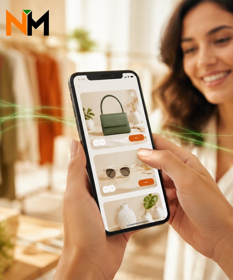 Ilustración: una clienta explora el catálogo de una tienda en su teléfono