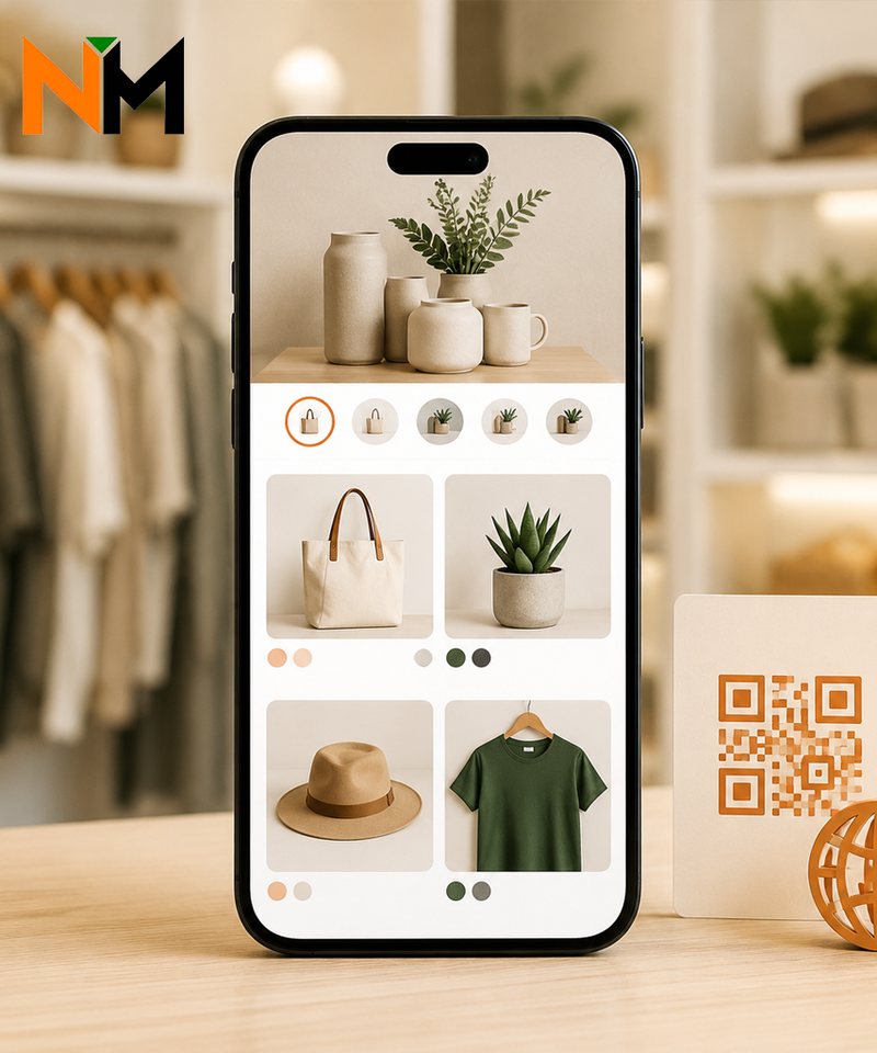Ilustración: catálogo NetMenu abierto en un teléfono, junto a una tarjeta con código QR