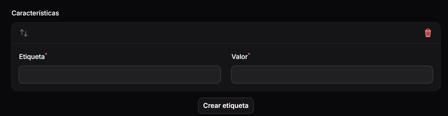 Sección de Características con campos Etiqueta y Valor